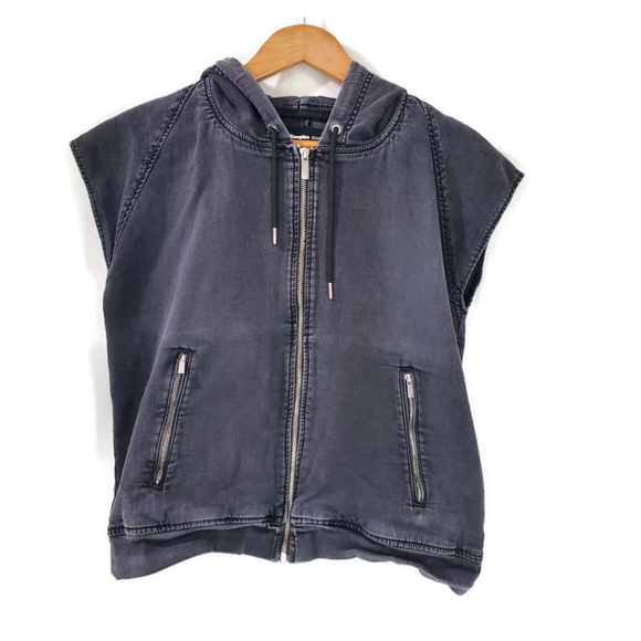 THE KOOPLES Jeans Faded Black Denim Coat Gilet Vest Sleeveless Jacket Hood XS - Picture 2 of 11